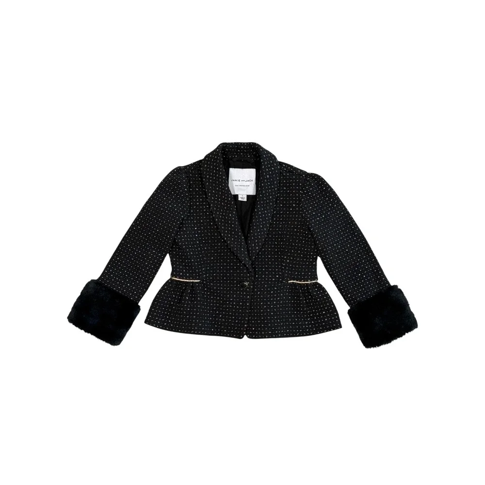 Janie and Jack Girls Black Gold Metallic Dot Peplum Blazer Faux Fur Cuffs Size 3